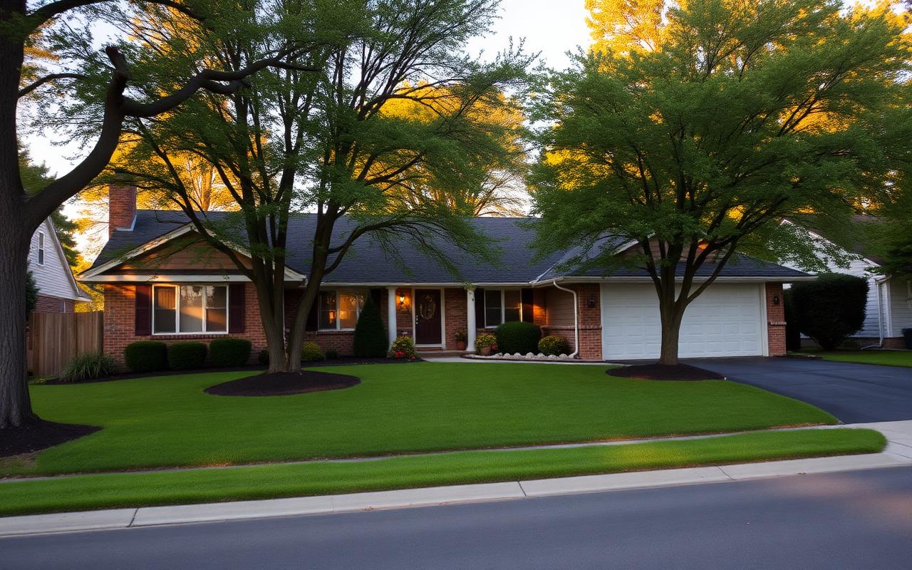 Suburban one-story home with mature trees and driveway